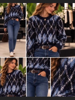 Granatowy sweter w niebieskie romby